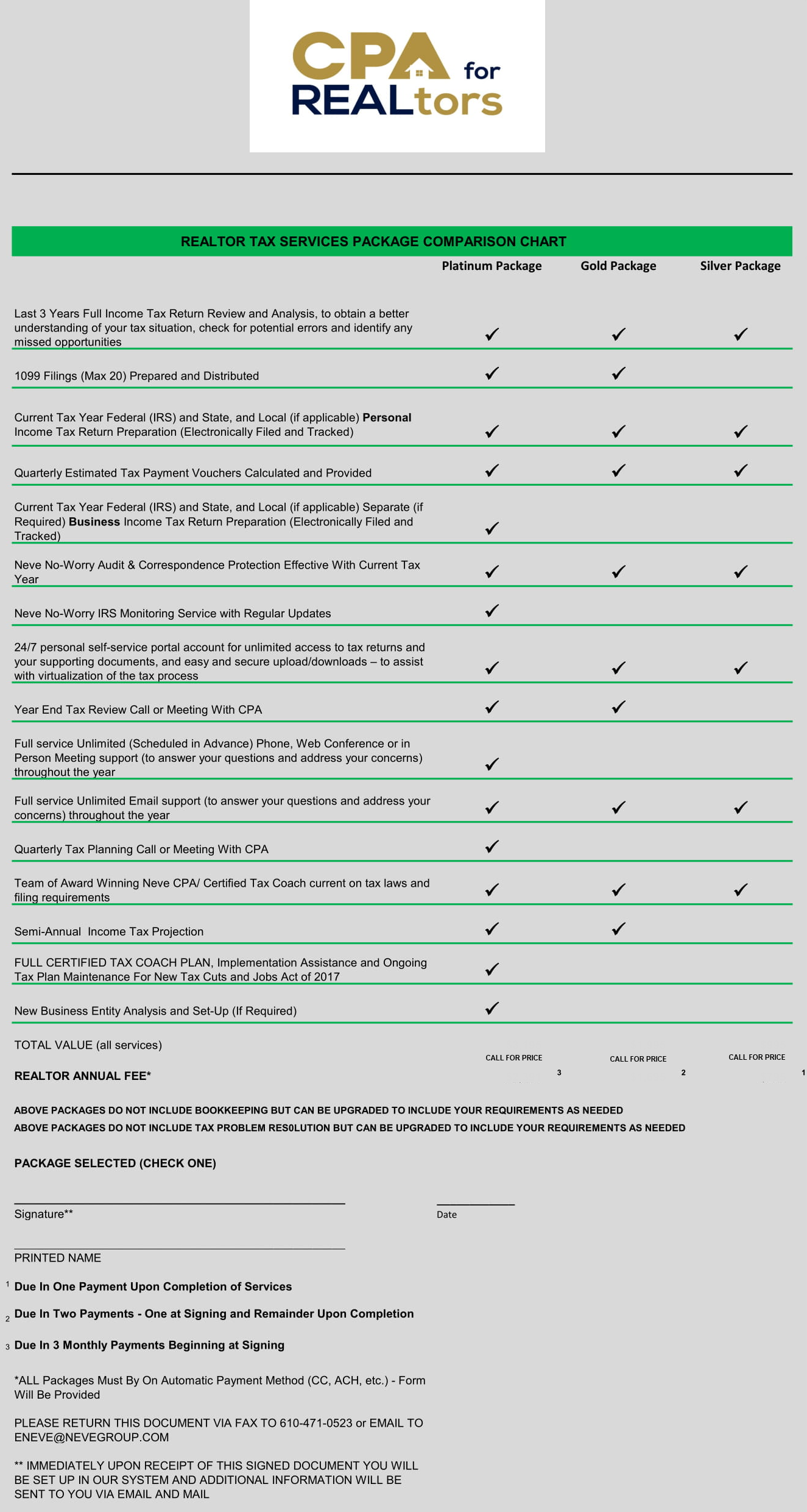 Realtor Tax Services Package Comparison Chart